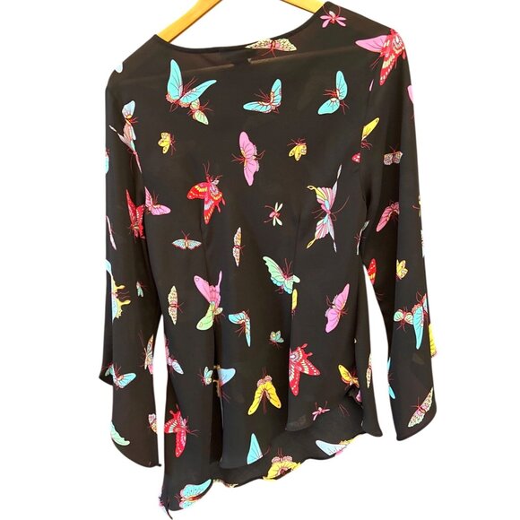 Y2K Michele Michelle Black Butterfly Print Blouse Large Sheer Festival Boho - Picture 5 of 5